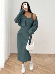 SHEIN EZwear 女式秋季新款罗纹针织落肩纽扣前襟夹克和修身中长连衣裙套装 - 水鴨藍 - 查看 3