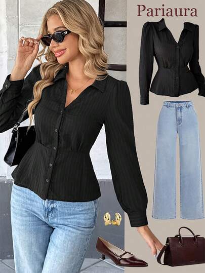 Pariaura INS 蕾丝拼布 V 领女式条纹长袖衬衫