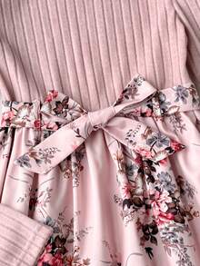 少女碎花拼接圆领长袖休闲连衣裙 - 粉色 - 查看 5