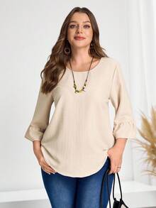 EMERY ROSE 大码女式休闲日常通勤简约纯色荷叶边袖宽松衬衫，春夏秋季 - 卡其色 - 查看 5