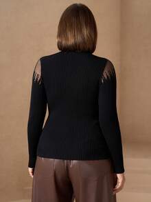 Chikora 加大码黑色镂空针织毛衣，秋冬复古风外套，圣诞节新年感恩节优雅上衣，性感假日度假黑色上衣 - 黑色 - 查看 3