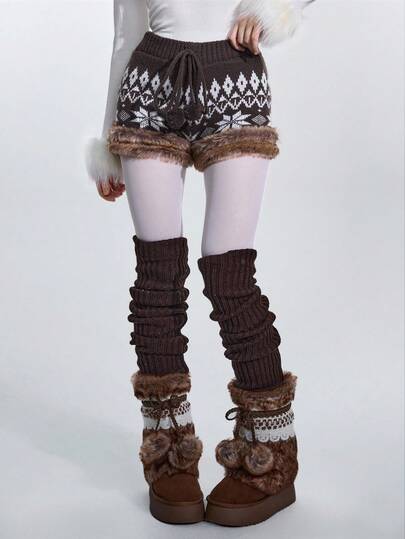 ROMWE Avant Fair Isle Knit Jacquard Knitted Blend Low Waist Women Shorts