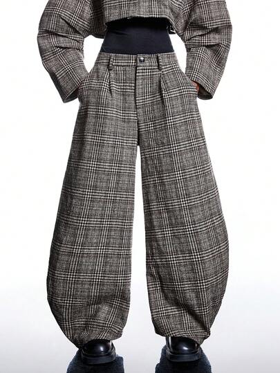 LYSMO Plus Size Women Houndstooth Pocket Loose Casual Pants Plaid Pants Pattern Pants Oversized Pants Checkered Pants Wide-Leg Pants