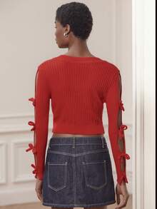 lacRébo Red Knit V-Neck Top With Open Sleeve Knots Girls' Night Out Valentines Day New Year Party Cute Red Top Going Out - Red - View 2