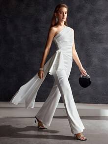 MOTF Soiréza ASYMMETRIC ONE SHOULDER ELEGANT BOWKNOT FLARED JUMPSUIT, SUITABLE FOR BANQUET, PARTY, WEDDING