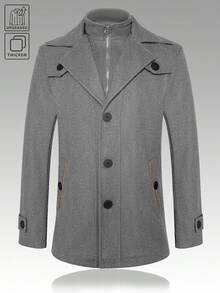 Manfinity Mode 时尚前开襟纽扣翻领大衣，百搭长袖男士灰色风衣外套，冬季必备 - 淺灰色 - 查看 3