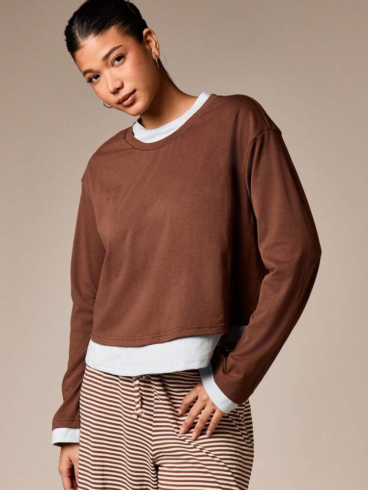 Contrast Double Layer Crew Neck Top With White Trim