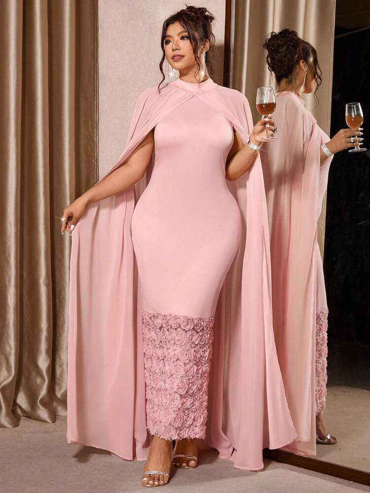 Cravure فستان أنيق مطبوع بالزهور مع تصميم بونشو ياقة عالية مناسب للمقاسات الكبيرة للنساء - وردي - مشاهدة 3