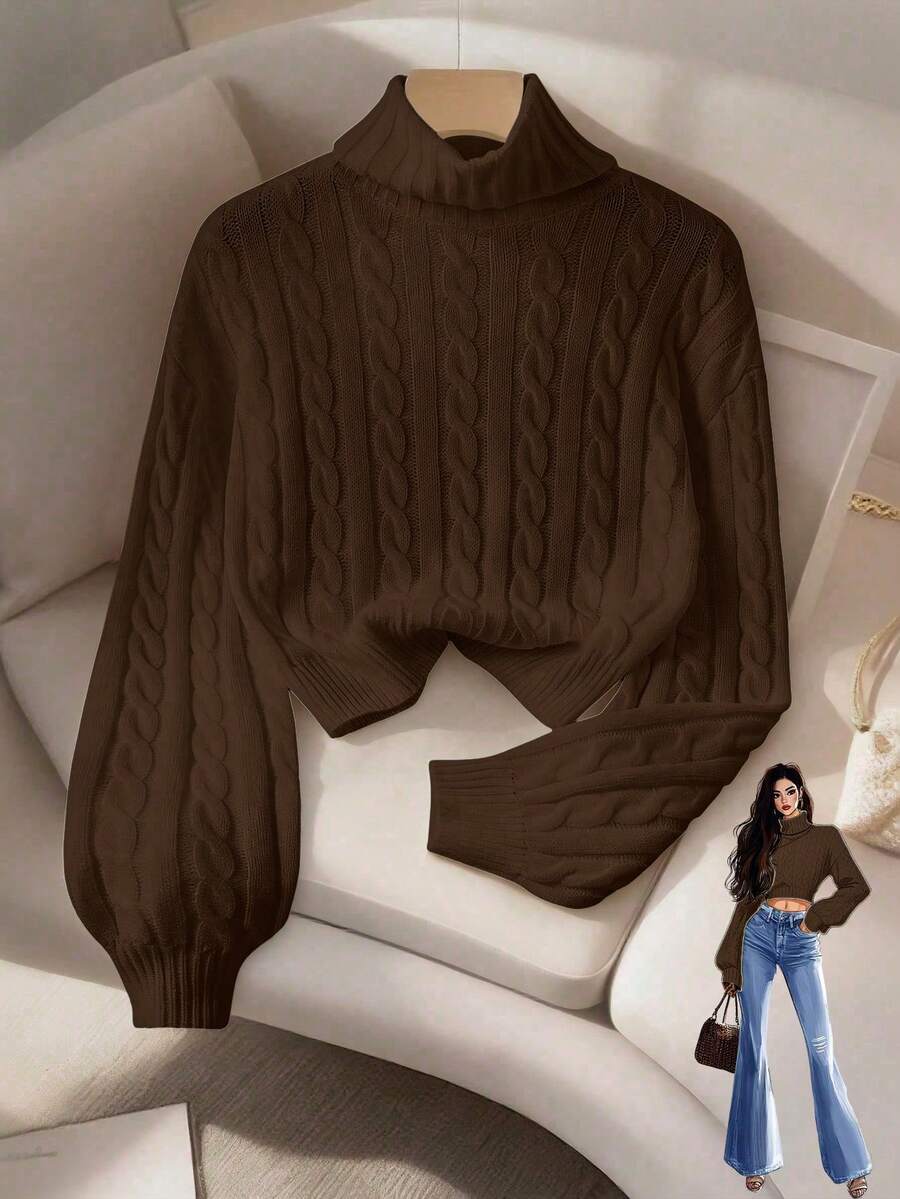 Franclia Women's Casual Fashion Minimalist Versatile Commute Fitted Turtleneck Lantern Sleeve Twist Knit Sweater, Autumn/Winter