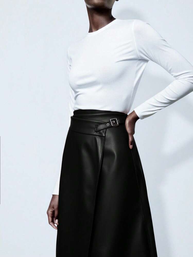 SHEIN Maija 2026 Spring/Summer New Black Asymmetric Cut Uneven Layered Waist Adjustable Metal Buckle Design Elastic Waist PU Leather Women's Skirt, Chic & Elegant For Party And Office Commute