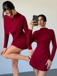 Firerie Women's Burgundy Turtleneck Knit Contrast Mesh A-Line Mini Dress, Long Sleeve Dress, Asymmetrical Mesh Ruffle Collar Dress, Elegant For Spring, Autumn, Winter, Suitable For Commute, Date, Party, Wedding, Graduation, Performance, Work, Birthday - Burgundy - View 1