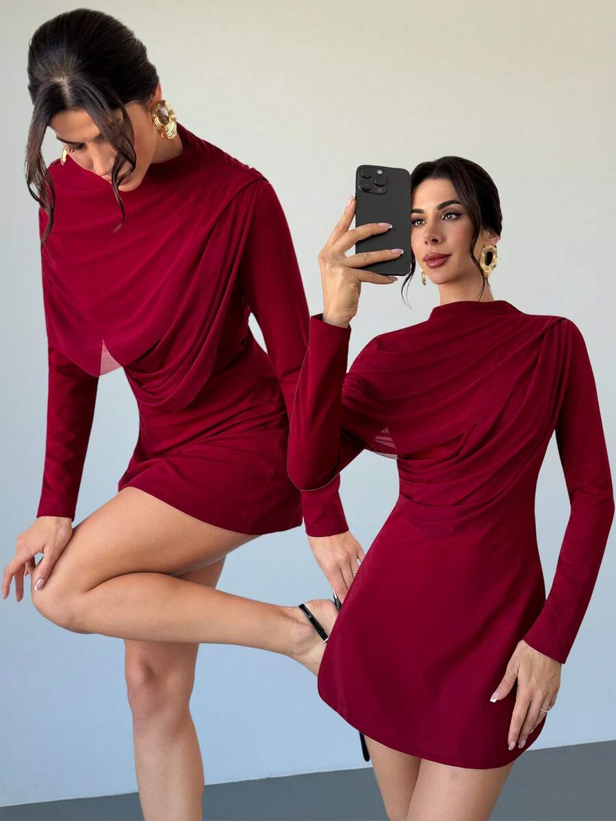 Firerie Women's Burgundy Turtleneck Knit Contrast Mesh A-Line Mini Dress, Long Sleeve Dress, Asymmetrical Mesh Ruffle Collar Dress, Elegant For Spring, Autumn, Winter, Suitable For Commute, Date, Party, Wedding, Graduation, Performance, Work, Birthday - Burgundy - View 1