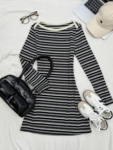 Muvela 女士条纹针织长袖收腰短款连衣裙，复古学院风，撞色领，休闲百搭，适合通勤、教师节、下午茶、日常穿着，秋季皆宜 - 彩色 - 查看 3