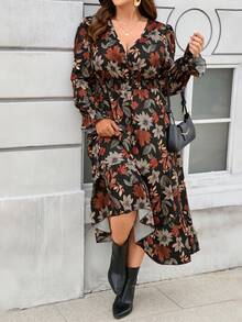 SHEIN LUNE CURVE Plus Size Vintage Leaf & Floral Print Waist Cinched Ruffle Hem Flattering Dress - Black - View 3