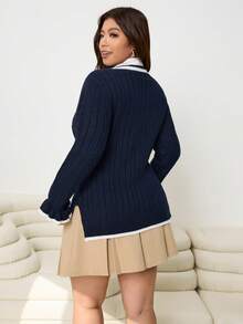 SHEIN EZwear 大码落肩长袖休闲针织V领毛衣，时尚学院风 - 彩色 - 查看 2