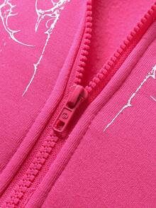 ROMWE MEN Men's Gothic Drop Shoulder Long Sleeve Zip-Up Hooded Sweatshirt Sweatshirt - Hot Pink - View 7
