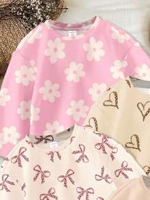 SHEIN 4件装女婴休闲舒适加厚柔软圆领长袖卫衣，款式包括复古可爱蝴蝶结印花、豹纹蝴蝶结、花卉图案、豹纹爱心、甜美芭蕾舞女孩印花，颜色为多巴胺色和马卡龙色，适合秋冬季穿着。 - 彩色 - 查看 6