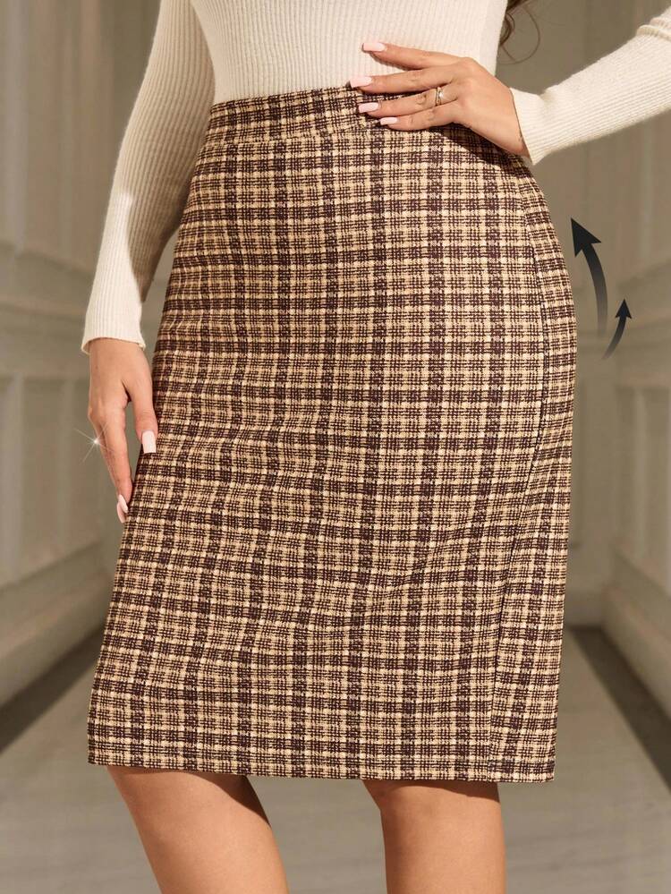 Plus Size Fashionable Commuter Plaid Fitted Skirt Office Skirt Pencil Skirt For Women Checkered Skirt Brown Skirt For Women Elegant Dresses For Women Brown Plaid Skirt New Year  Clothes For Women   Plaid Skirt Women,Spring