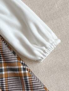 PrepCrw 1 pieza Vestido largo de manga larga a cuadros caqui y blanco con cuello para niñas bebé, elegante y versátil, adecuado para uso casual diario, salidas, reuniones, otoño e invierno - Multicolor - Ver 3