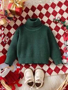 SHEIN Vintaside Kids 女婴休闲百搭高领纯色毛衣，秋冬季 - 綠色 - 查看 3