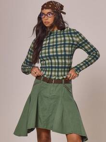 MUSERA Long Sleeve Shirred Checkerd Plaid Long Sleeve Ruffle Hem Top Autumn Cottage Core Cute Cosy Holidays Country Calling Spring Summer - Multicolor - View 2
