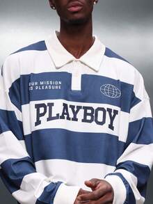 PLAYBOY X SUMWON Crop Fit Men Long Sleeve Striped Rugby Polo Shirt With Logo Print Casual Collar Button Placket Top - Blue and White - View 4