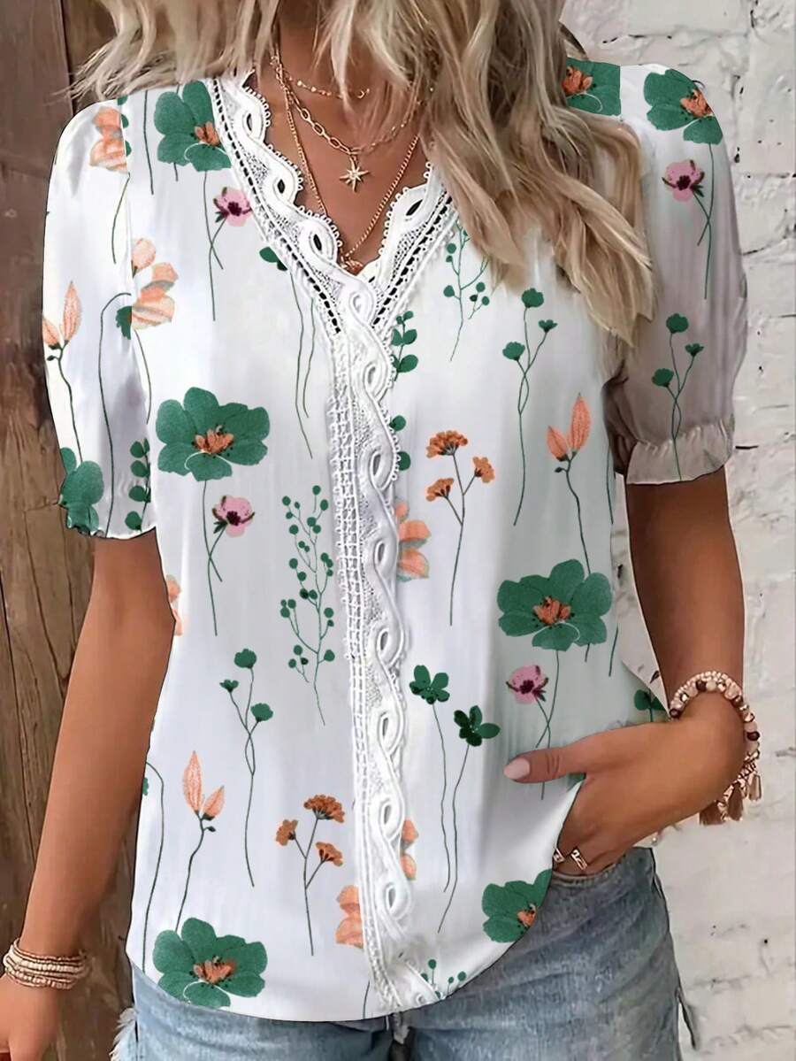 EMERY ROSE Women's Casual Floral Print Puff Sleeve Blouse, Summer - Green - View 1