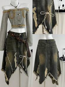 Elamini Women's Fashionable Distressed Frayed Hem Casual Denim Mini Skirt, Versatile For Summer Denim Skirt Set Grunge Clothes Unique Clothes Pirate Skirt Cowgirl Skirt - Blue - View 1