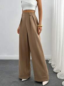 EURMUSE Women Solid Color High Waist Wide Leg Pants - Brown - View 3