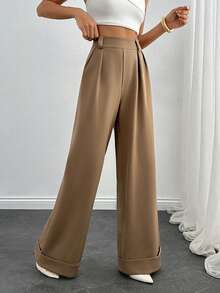 EURMUSE Women Solid Color High Waist Wide Leg Pants - Brown - View 4