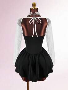Amplova Black And White,Autumn,Elegant,Goth,Night Out Fitted Semi-Sheer Heart-Shaped Bust Long Sleeve Bodycon Mini Dress,Open Back & Criss-Cross Corset Dress - Black - View 9