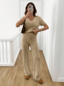 EURMUSE Women's Cable Knit Co-Ords Set - V-Neck Short-Sleeve Fitted Top With Ribbed Trim And High-Waisted Wide-Leg Lounge Pants In Soft Ivory White And Embroidery - Khaki - View 3