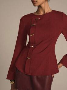 Modelyn Woven Non-Stretch Black Long Sleeve Metal Button Fitted Outdoor Blouse, Fashionable & Elegant For Women - Red - View 3