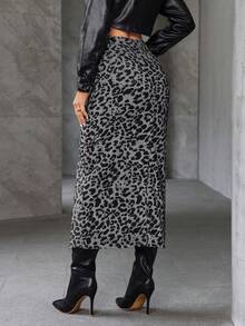 SHEIN Essnce Women's High Waist Leopard Print Slit Hem Pencil Denim Skirt - Black - View 2