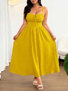 Flirla Plus Size Women's Elegant Solid Color Front Tie Bow Spaghetti Strap Maxi Beach Dress, Suitable For Beach, Resort, Party, Date, Music Festival, Spring/Summer, Versatile Design - Yellow - View 7