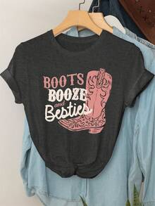 SHEIN LUNE Stiefel, Alkohol & Freundinnen, Damen in Große Größen, Rundhals Kurzarm T-Shirt mit Slogans, Buchstaben und Westernelelementen - Dunkelgrau - Übersicht 1