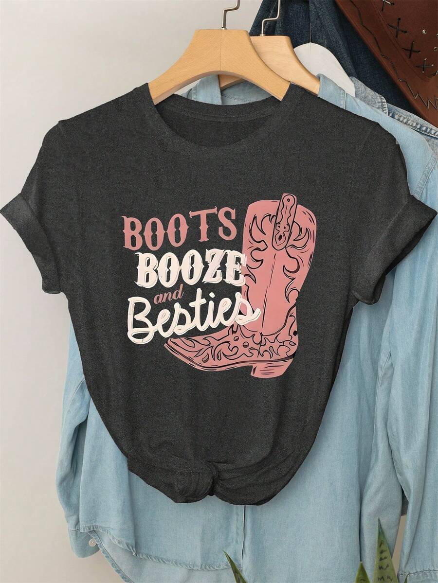 SHEIN LUNE Stiefel, Alkohol & Freundinnen, Damen in Große Größen, Rundhals Kurzarm T-Shirt mit Slogans, Buchstaben und Westernelelementen - Dunkelgrau - Übersicht 1