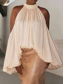 Briarwyn Women's Solid Color Off-Shoulder Lantern Sleeve Pleated Loose Fashion Blouse - Apricot - View 8