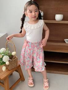 DAZY 2pcs/Set Young Girl Sleeveless Round Neck Minimalist Top And Skirt, Casual,Girls Summer Outfits Easter Vacation - White - View 4
