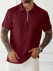 Manfinity Homme 男士純色半門襟短袖休閒夏季 Polo 衫上衣 拉鍊襯衫 酒紅色 正式款 - 酒紅色 - 查看 3