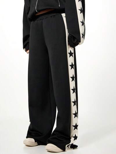 SUMWON Calça de Moletom Oversized com Painel Contrastante de Estrela, Calça de Moletom para Lazer com Detalhe de Listras Laterais para Uso Casual