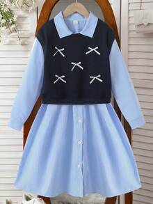 SHEIN 少女优雅通勤校园风返校甜美格子长袖连衣裙+针织爱心装饰卫衣两件套，秋冬款 - 藍色 - 查看 3