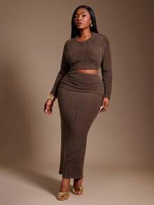 SHEIN SXY Plus Size Women's Tight Brown Round Neck Long Sleeve T-Shirt And Folded Waist Skirt Two Pieces Set - Brown - View 4