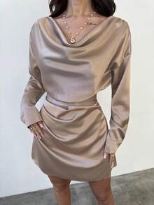 Firerie Women's Elegant Champagne Gold Satin Long-Sleeved Dress,Winter Flowing Glossy Party Outfit,Vintage Style Date Night,Christmas Graduation Guest Clothes - Khaki - View 6