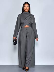 SOLERSUN Autumn/Winter Women's Wear, Casual, Elegant, Commuter, Gray, Mock Neck, Stand Collar, Shoulder Pleats, Cross Panels, Batwing Sleeves, Shirt Top, High Waist, Pleats, Front Center Button Decoration, Straight Leg Pants, Two Pieces Set