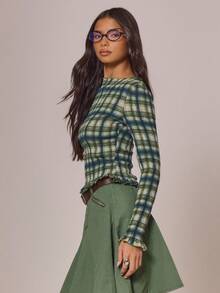 MUSERA Long Sleeve Shirred Checkerd Plaid Long Sleeve Ruffle Hem Top Autumn Cottage Core Cute Cosy Holidays Country Calling Spring Summer - Multicolor - View 3