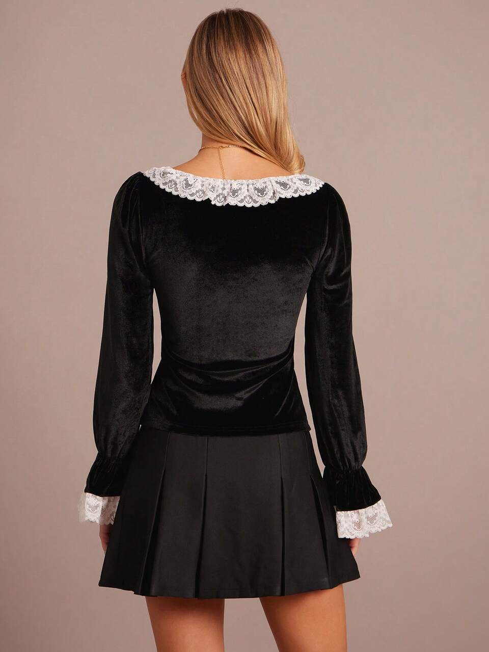 Enchnt Women's Black And White Vintage Contrast Lace Trim Long Sleeve Blouse,Elegant Autumn Tea Party Tops For Date,Holiday,Wedding Guest&Office