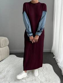 EURMUSE Casual V-Neck Patchwork Denim Loose Knit Dress, Autumn/Winter - Purple - View 1