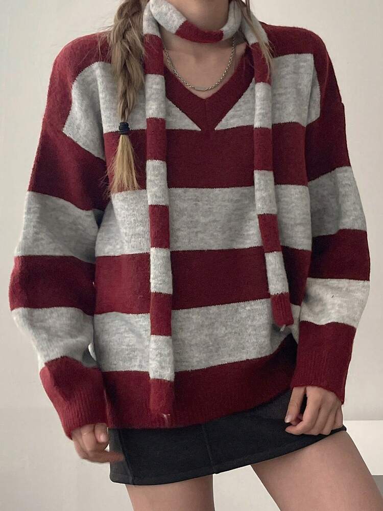 Women's Patchwork Contrast Stripe V-Neck Loose Minimalist Sweater