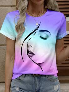 SHEIN LUNE 女士面部印花圆领短袖休闲 T 恤，夏季 - 彩色 - 查看 3